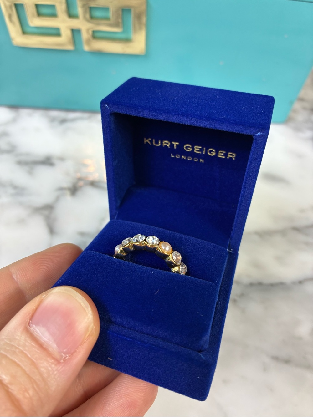 Brand New Kurt Geiger London Gold Plated Pave Crystal & Faux Pearl Size 7 Ring - Picture 6 of 8